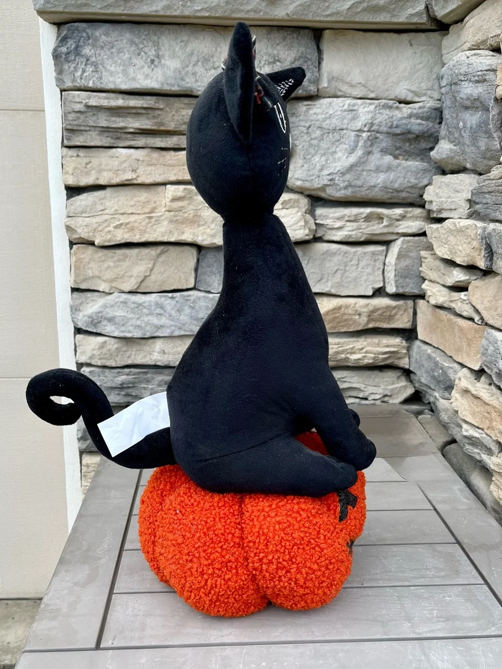 Black Cat on Orange Pumpkin Jack-o’-lantern Plush Halloween Display 17in